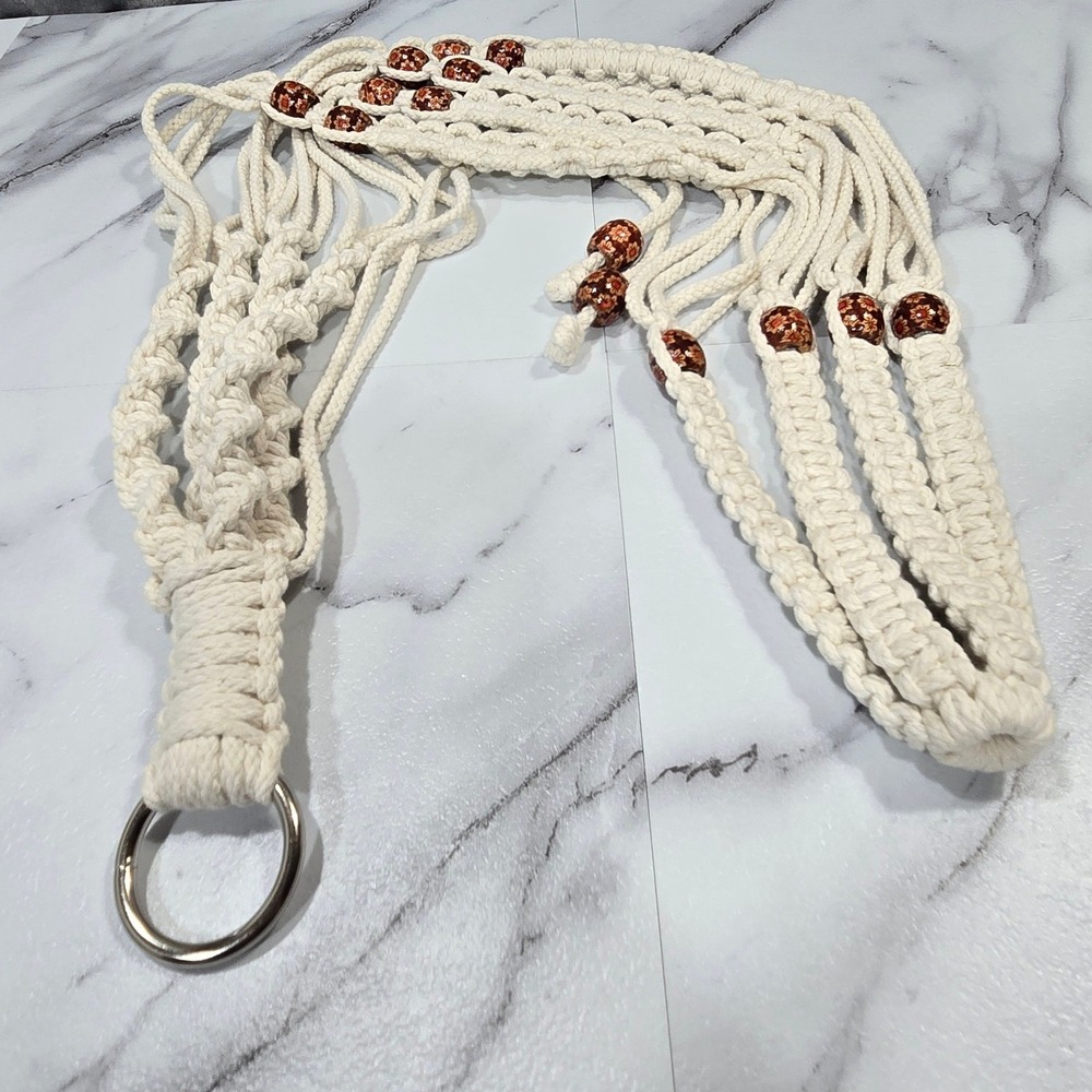 Vtg Macrame Plant Hanger OS Cream Wood Bead Woven Cotton Boho Hanging Basket